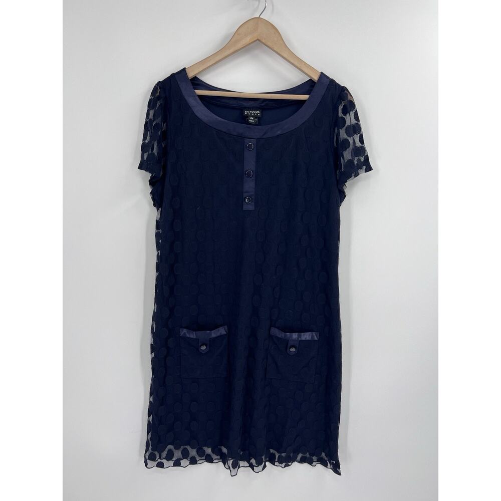 En Focus Navy Mesh Polka Dot A Line Dress Mod Gogo Retro 14W